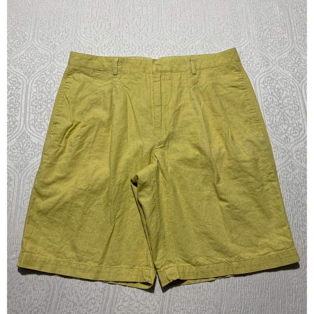 Y2K B.D. Baggies Mens 36 Citron Yellow Linen‎ Cotton Blend Pleated Front Shorts